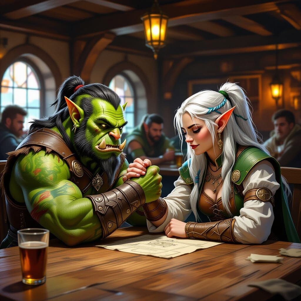 Orc and Elf Armwrestling in a Tavern