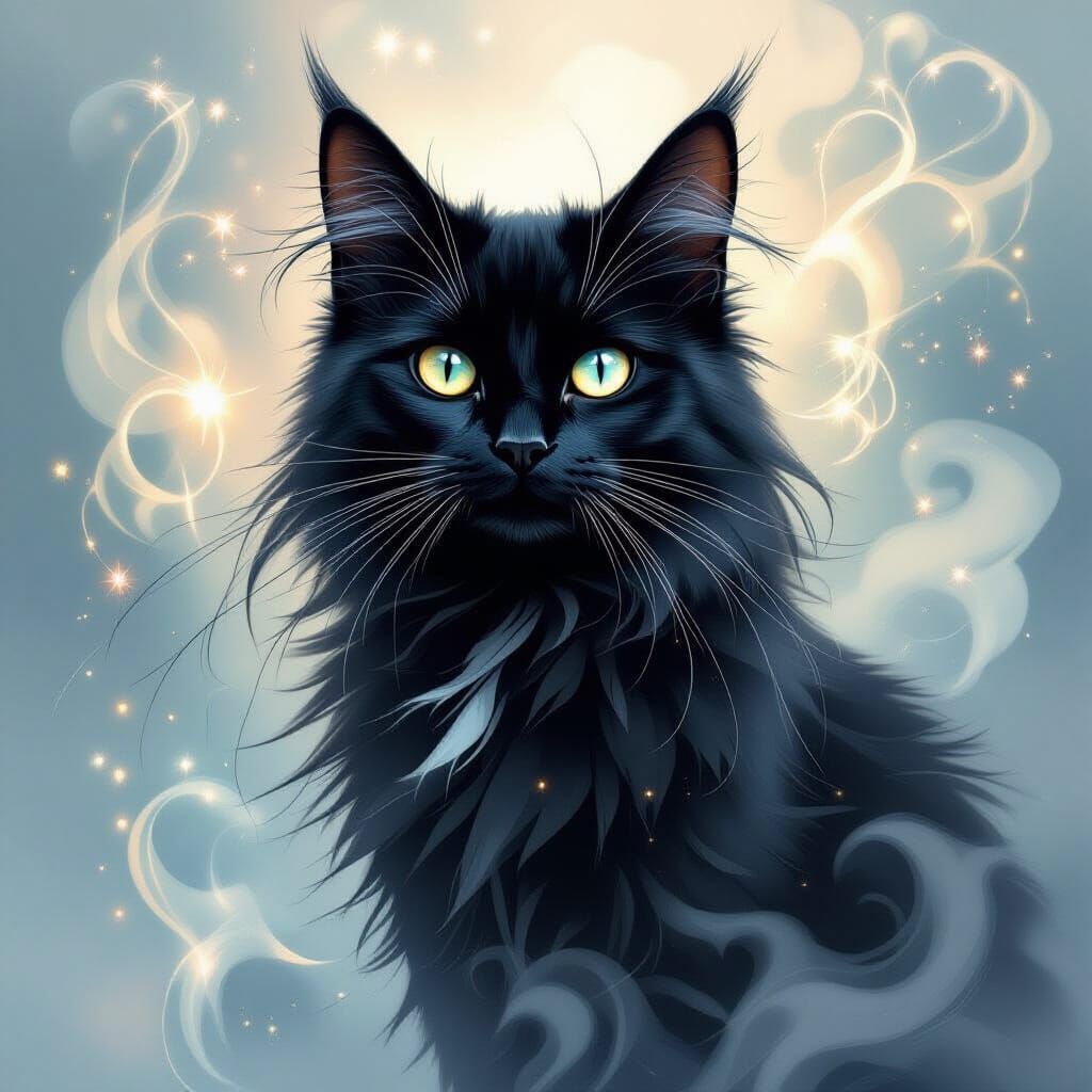 Black Longhair Cat Uses Magic in Surrealist Style