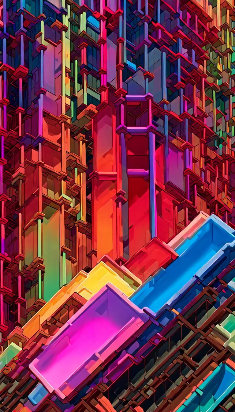 Neon 3D Rendering of Compressed Iron Structure