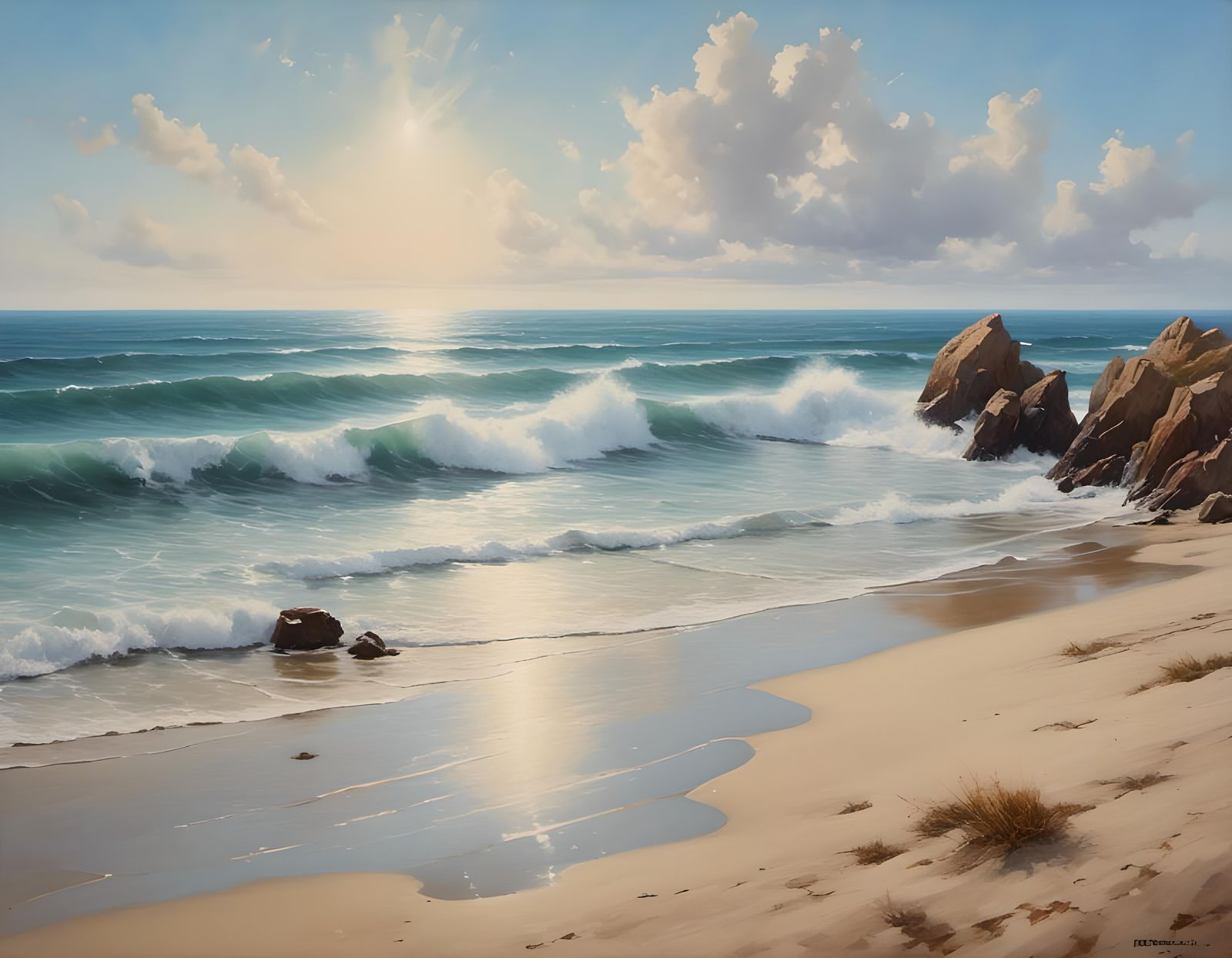 Hyperrealistic Ocean Landscape with Soft Misty Clouds