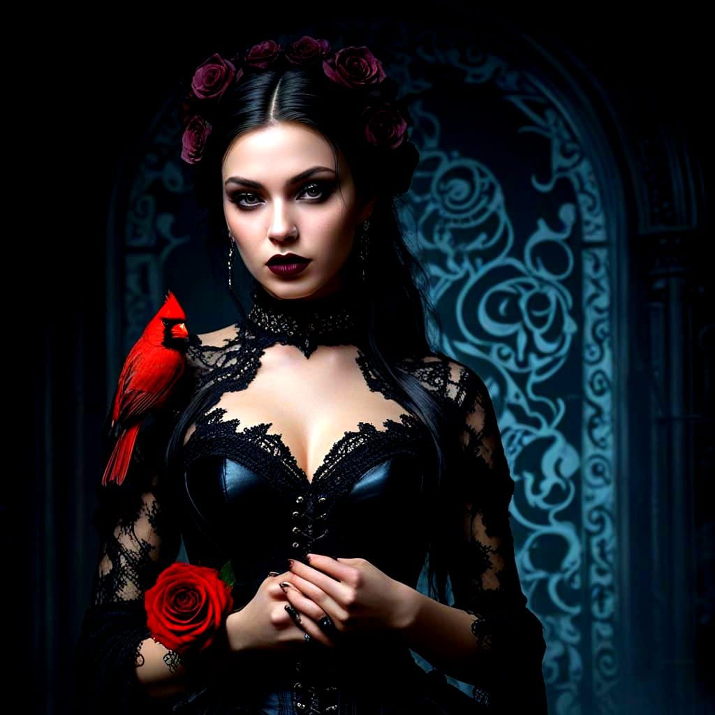 Gothic Woman with Cardinal and Tribal Skull