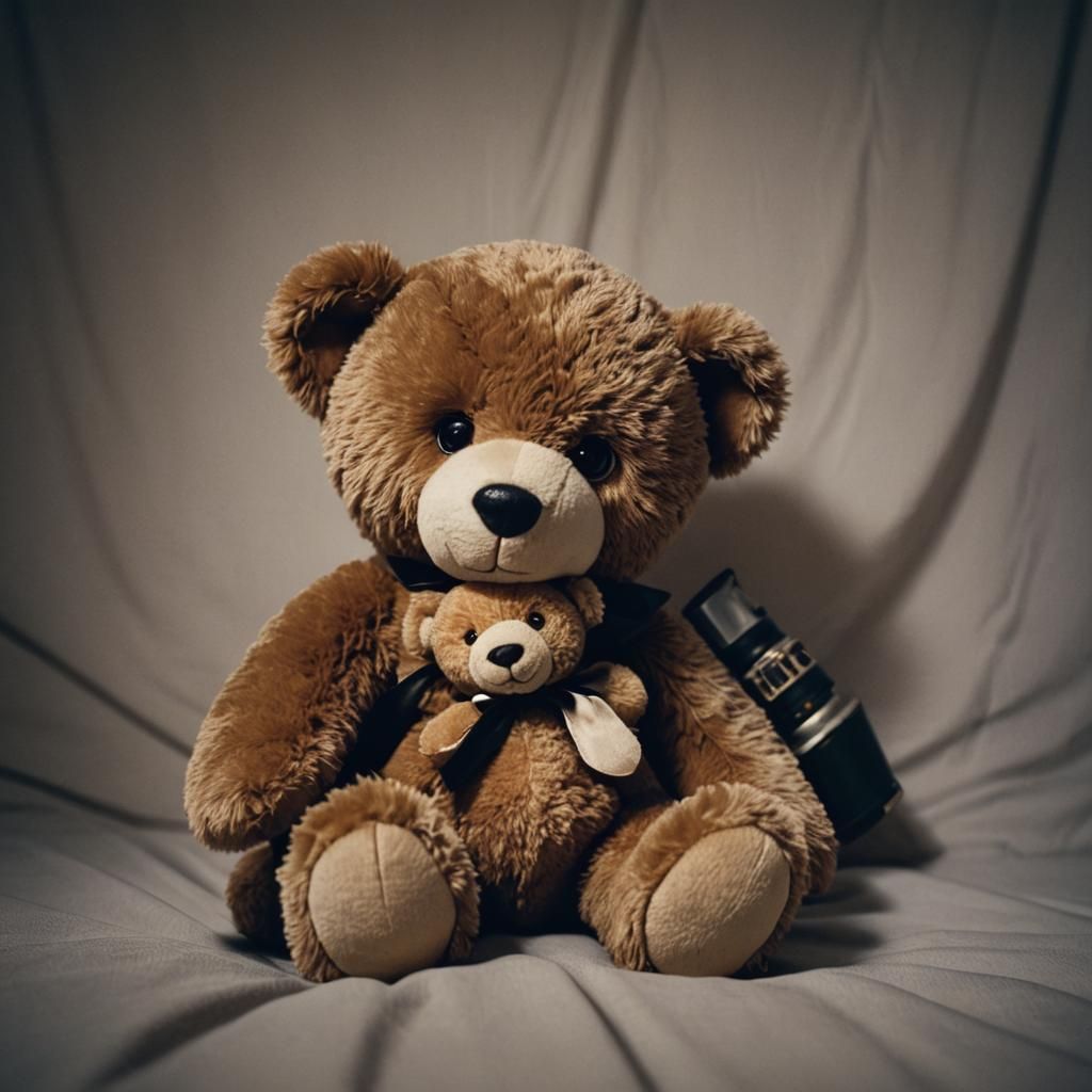 Teddy Bear Holding a Plush Toy: Cinematic Still