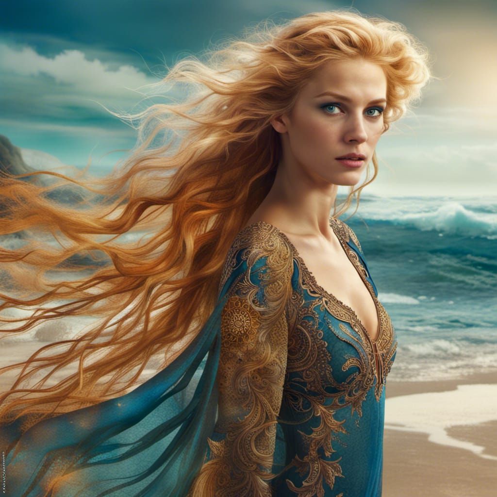 Woman with Honey Hair on Beach, Fantasy Art
