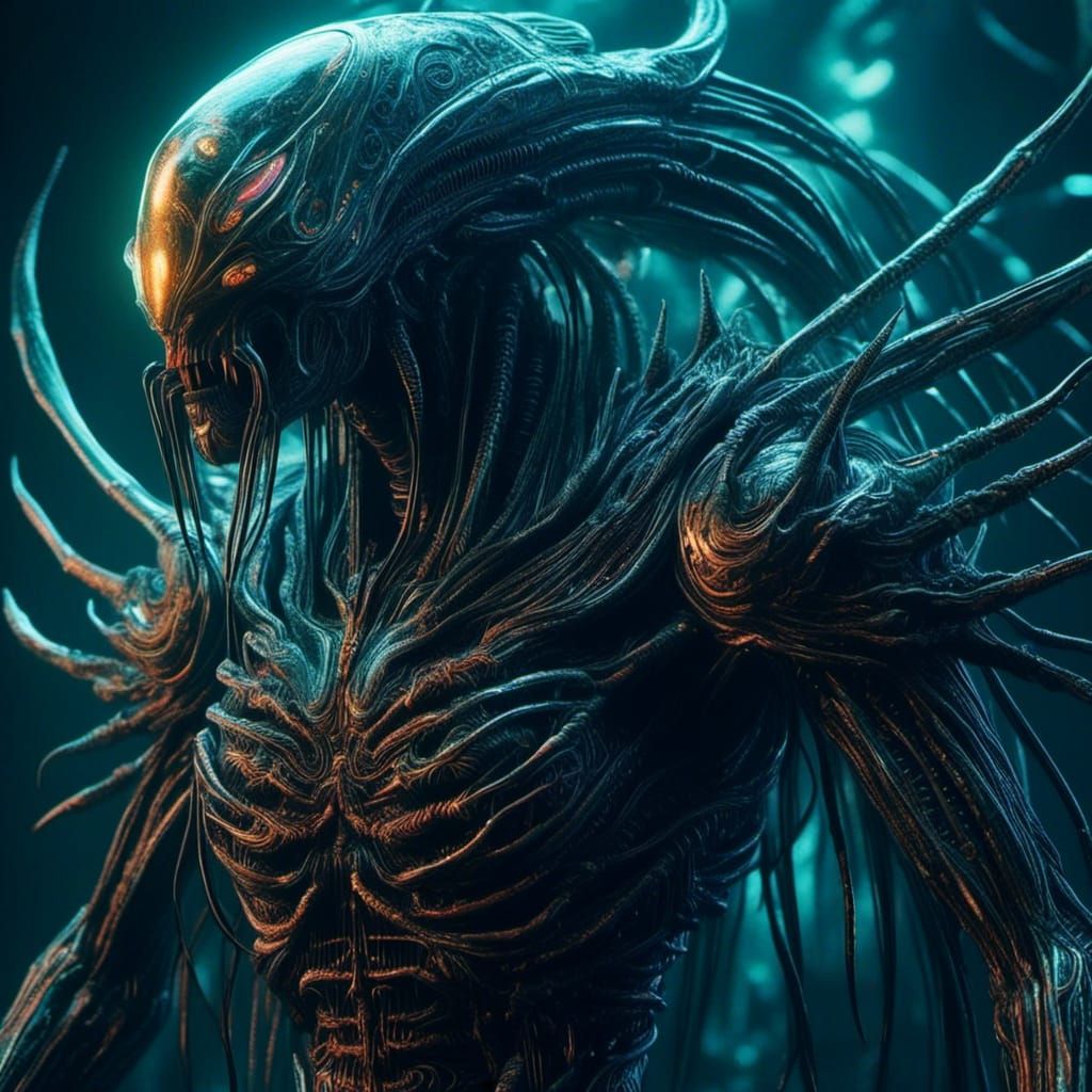 an alien creature with biometric energy and spikes  down the...