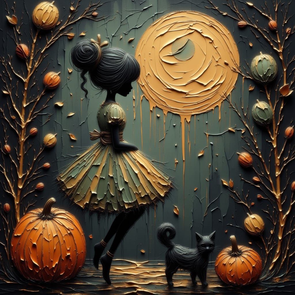 Moon Fairy and Cat Under Harvest Moon