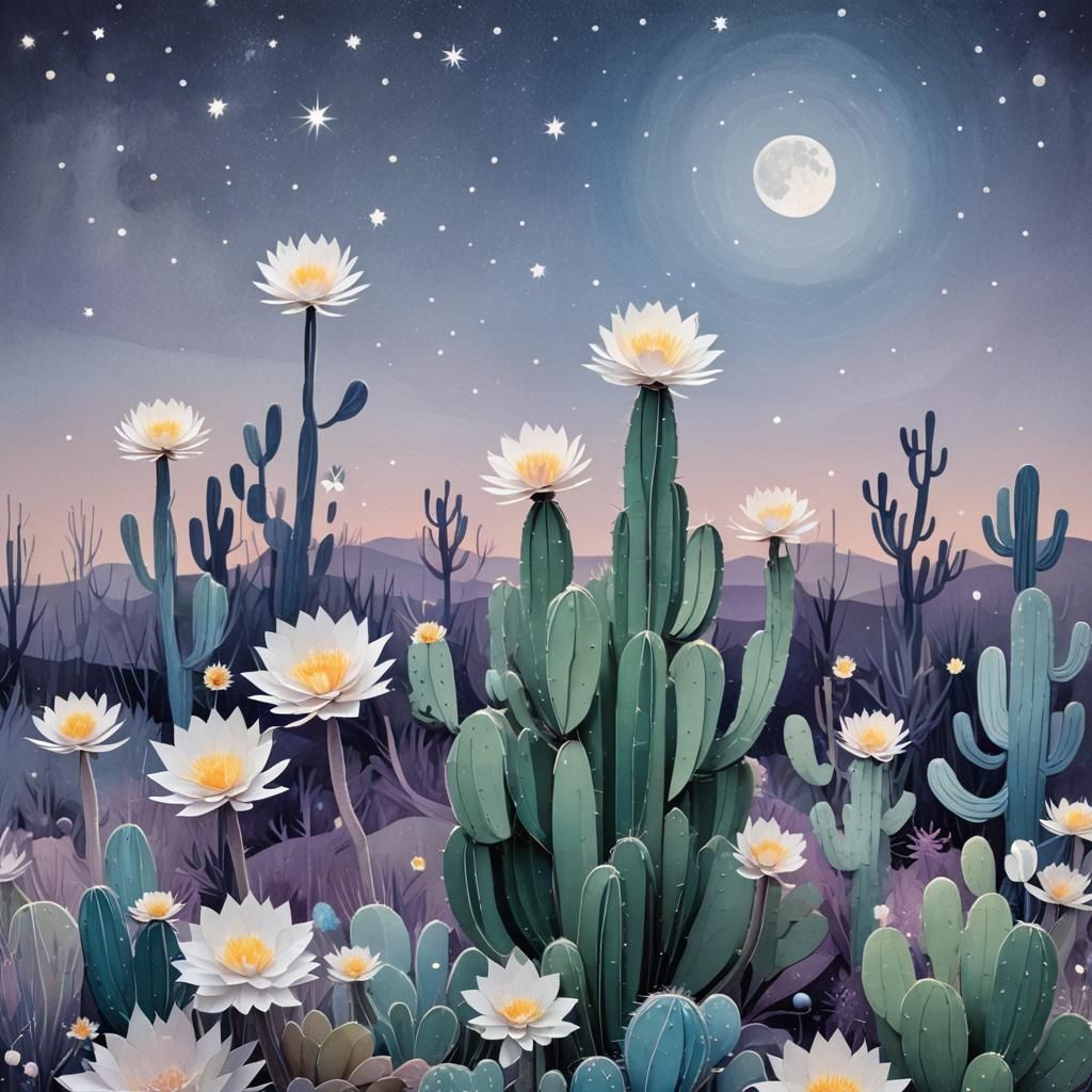 Flowering Cactus in Moonlight: 3D Paper Art