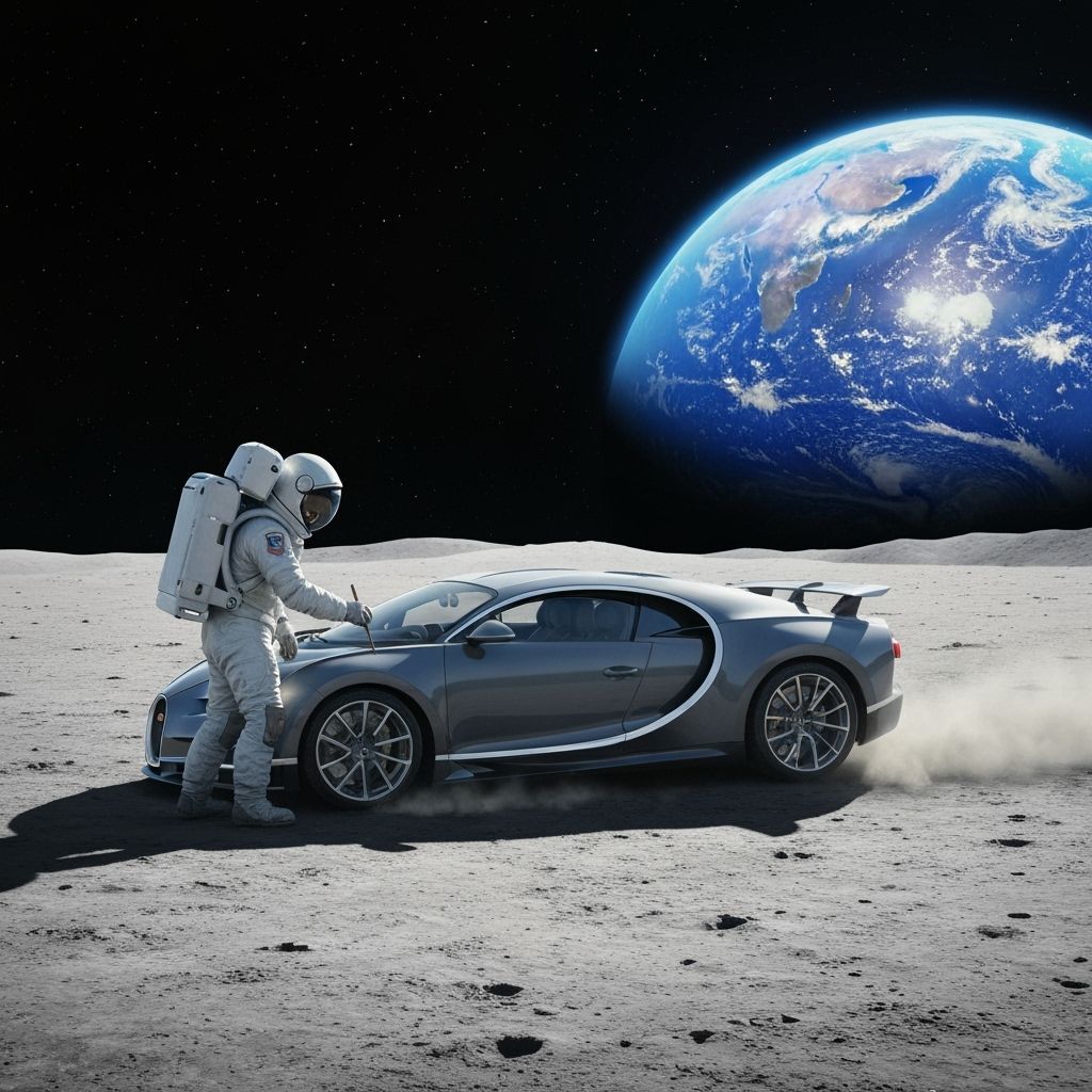 Astronaut Paints Bugatti on Moon in Hyperrealistic Style