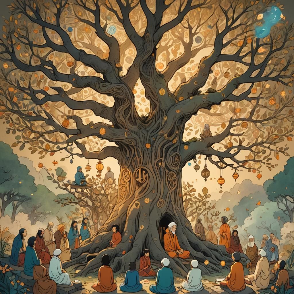 Tree of Religions: Whimsical Concept Art in Sunrise