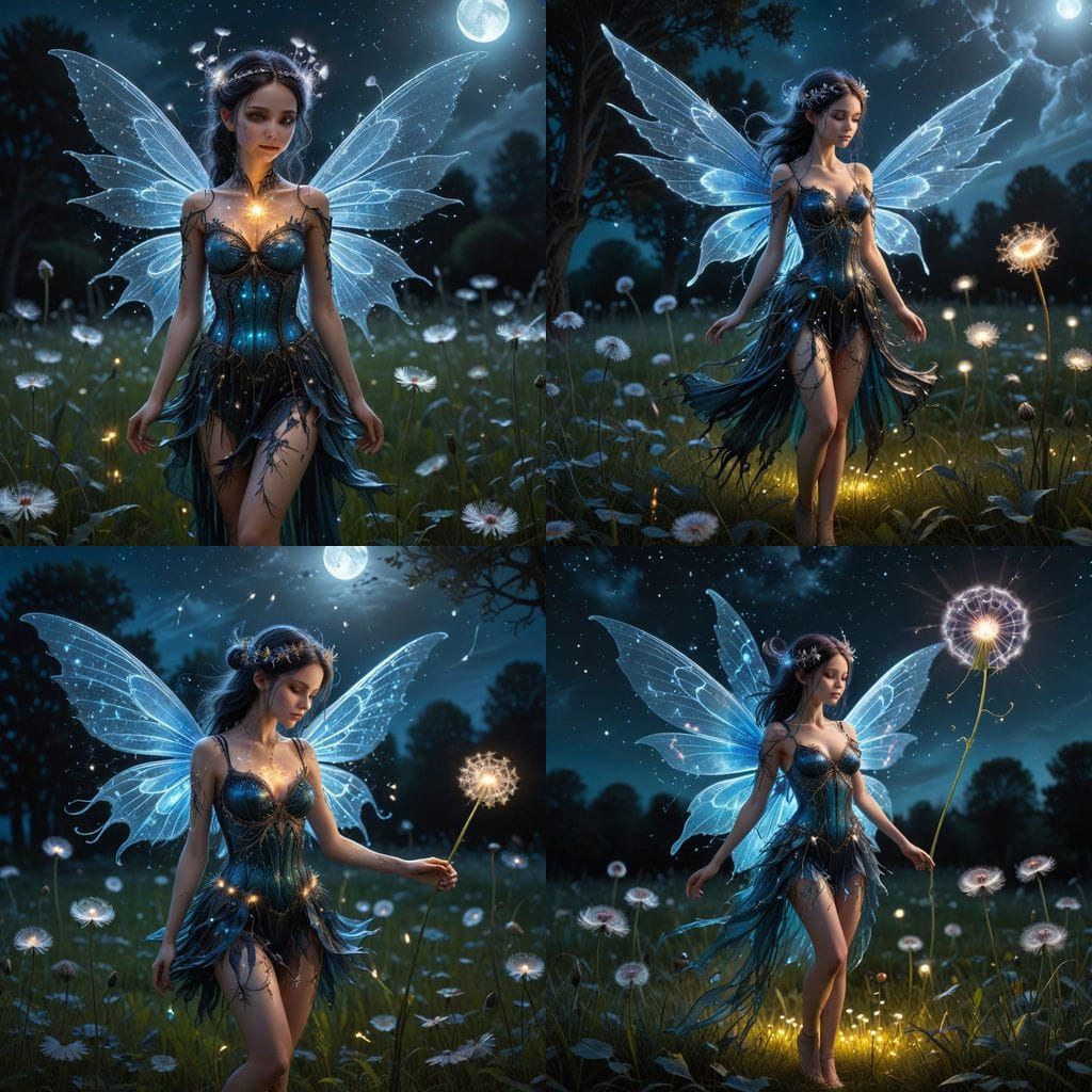 Gothic Fairy in Moonlit Bioluminescent Dandelion Field