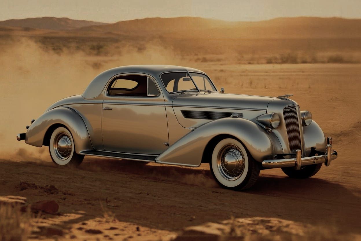 Retro Convertible Driving Through Desert at Golden Hour