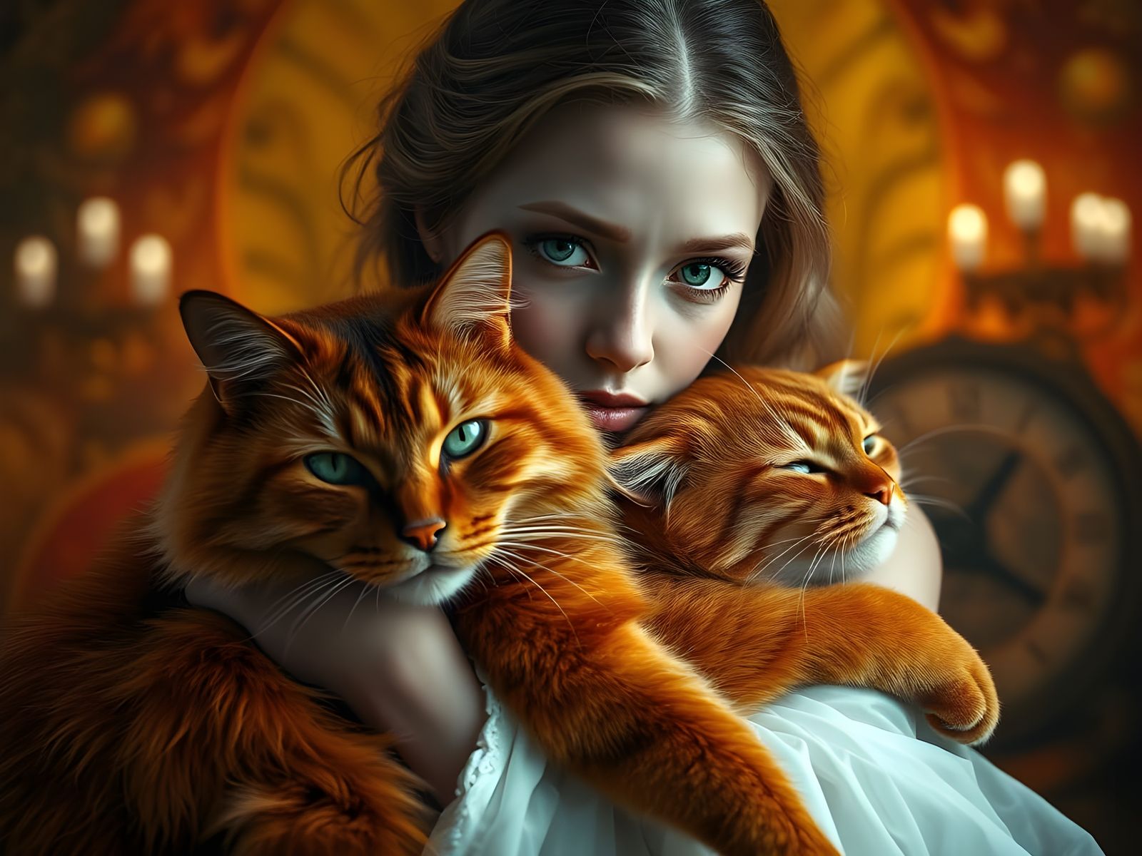 Beautiful Woman in Emotional Moment with a Large Red Cat, Ci...
