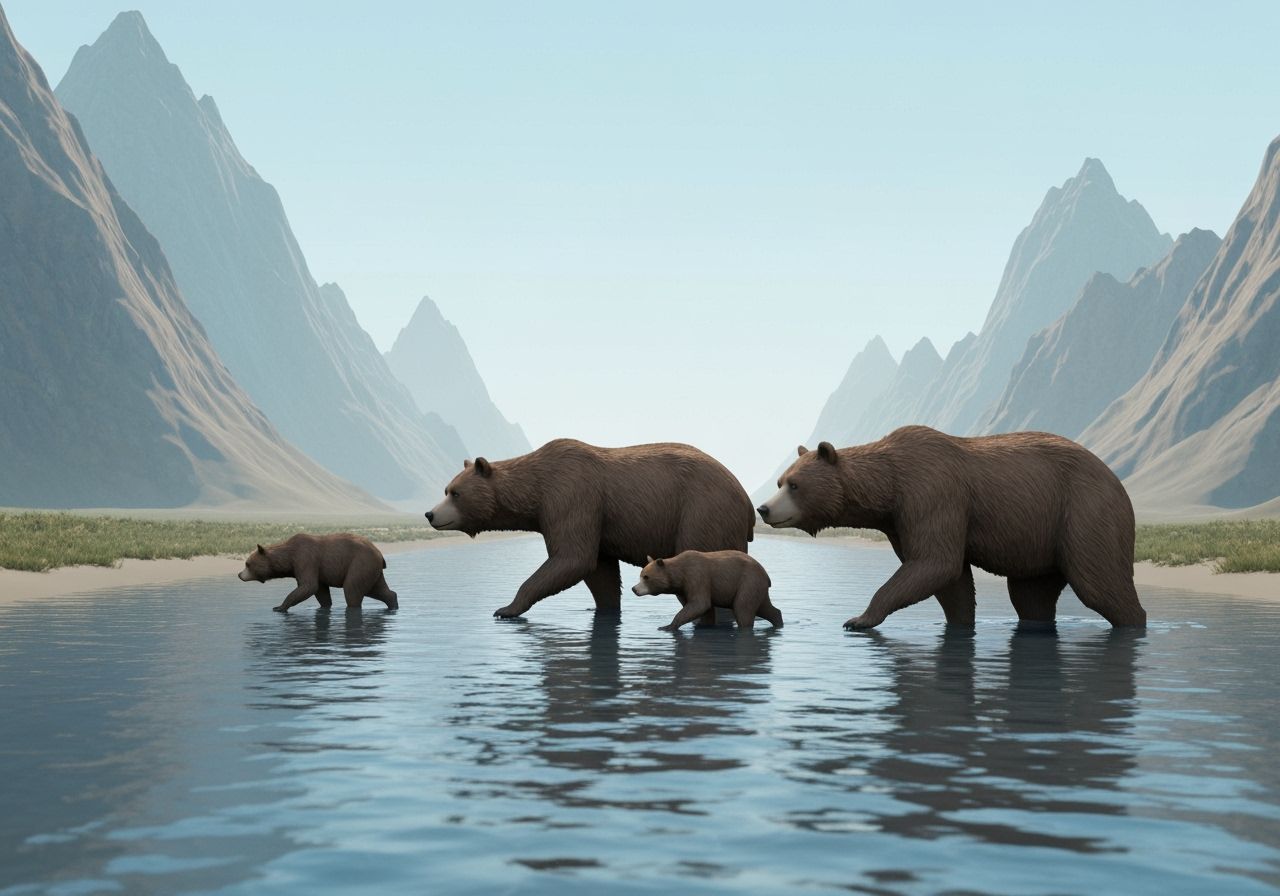 Bears in Mountain River Landscape, 3D Rendered