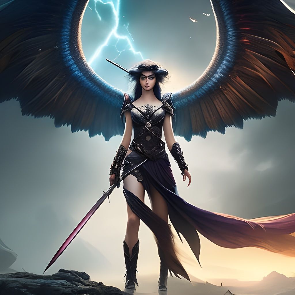 Winged Warrior with Sword in Hyperrealistic Style