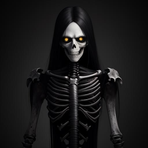 Skinny girl, malevolent, crouching, bones, skeletal, black empty eyes, big teeth, evil smile, realistic, long black hair