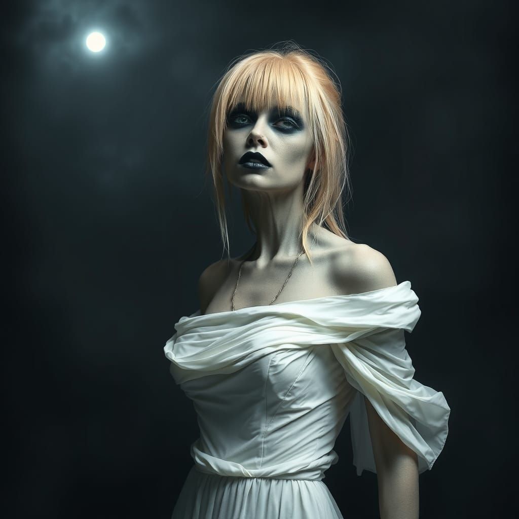 Surreal Zombie Woman in Dark, Misty Landscape
