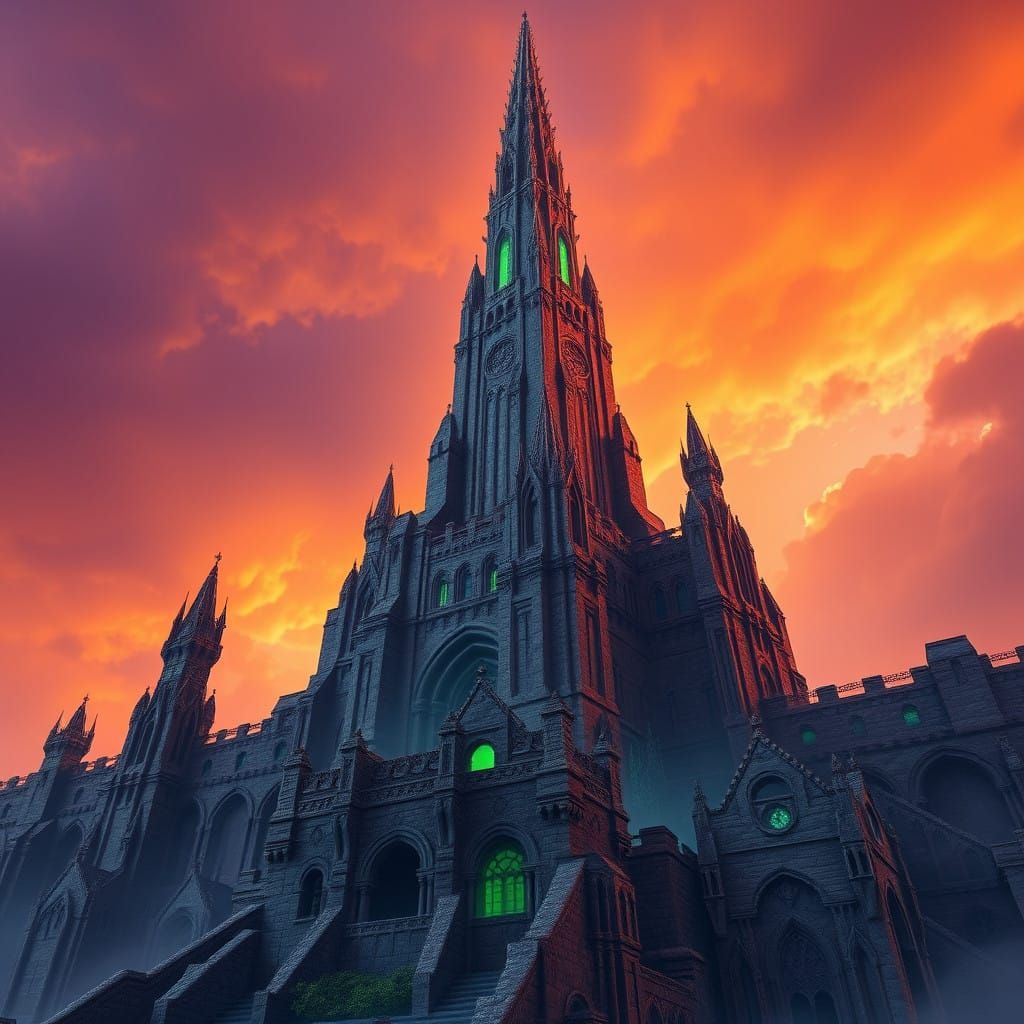 Majestic Ancient Spire Rises into Fiery Orange Sky