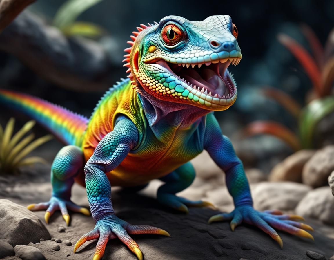 Smiling Rainbow Lizard in Hyperrealistic Fantasycore