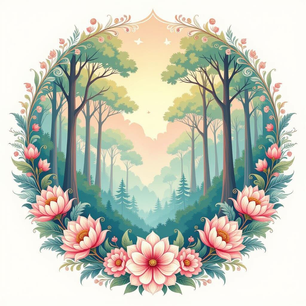 Ethereal Mandala Art with Flowers, Trees and Forest