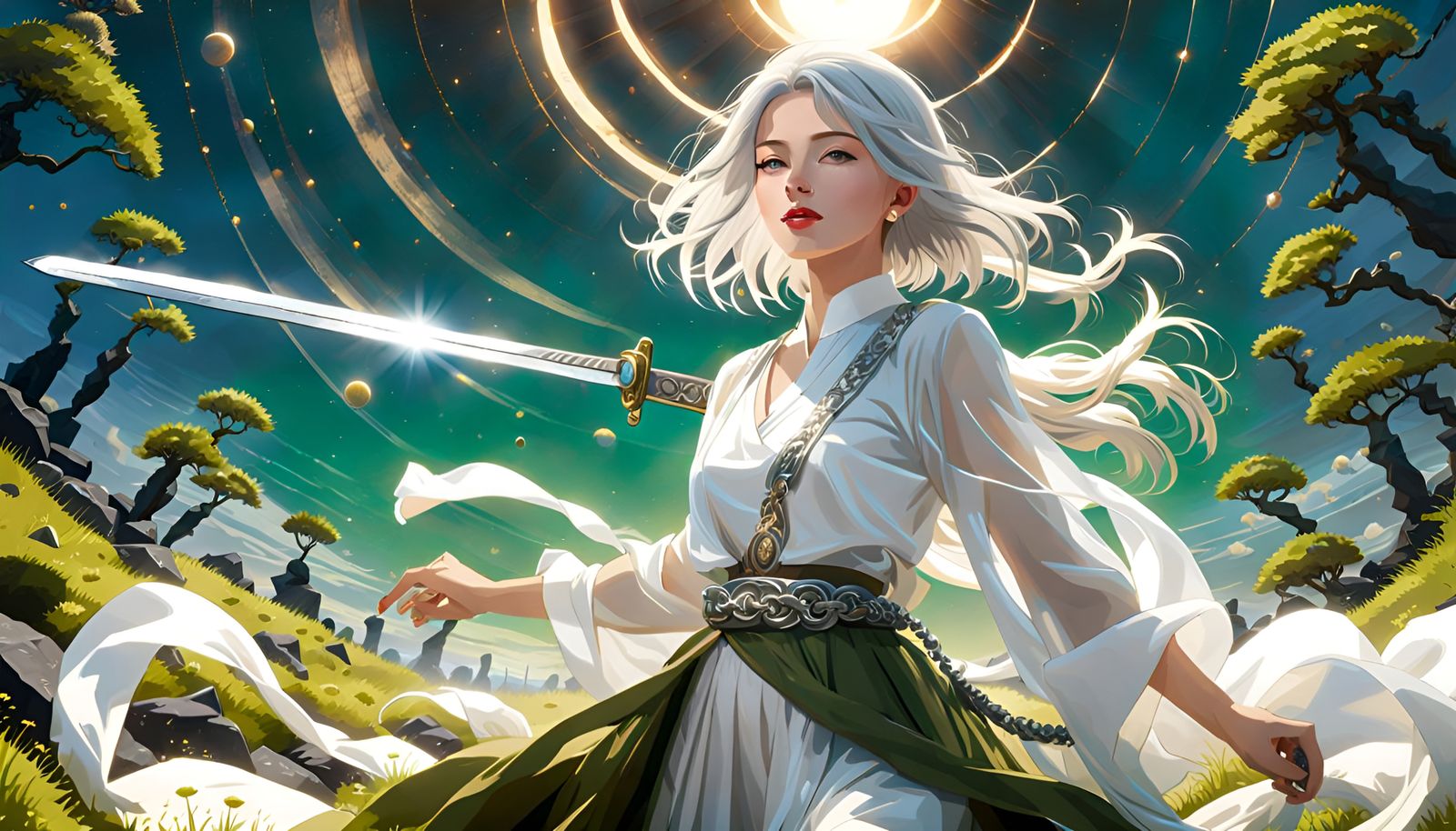 Elegant Girl Sword Practice Under Seven Suns