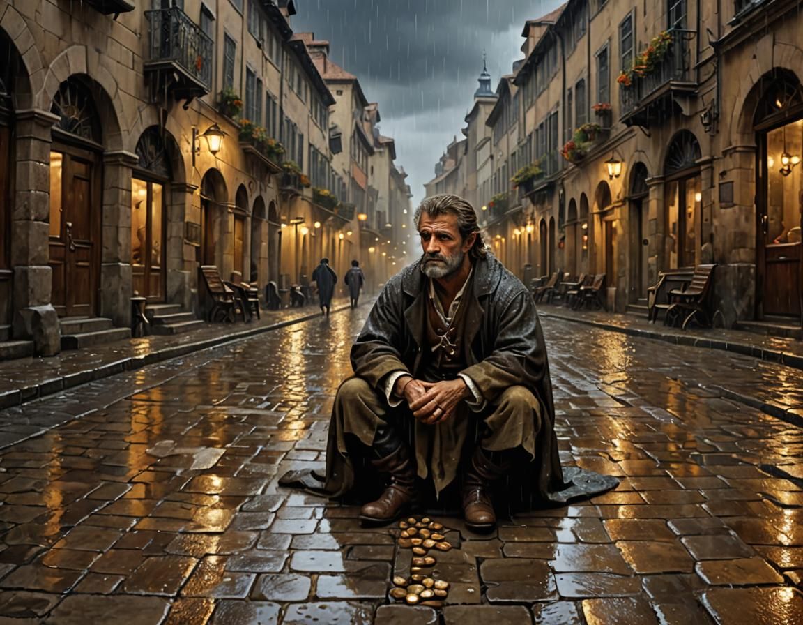 Renaissance Cityscape with Beggar in Baroque Digital Art