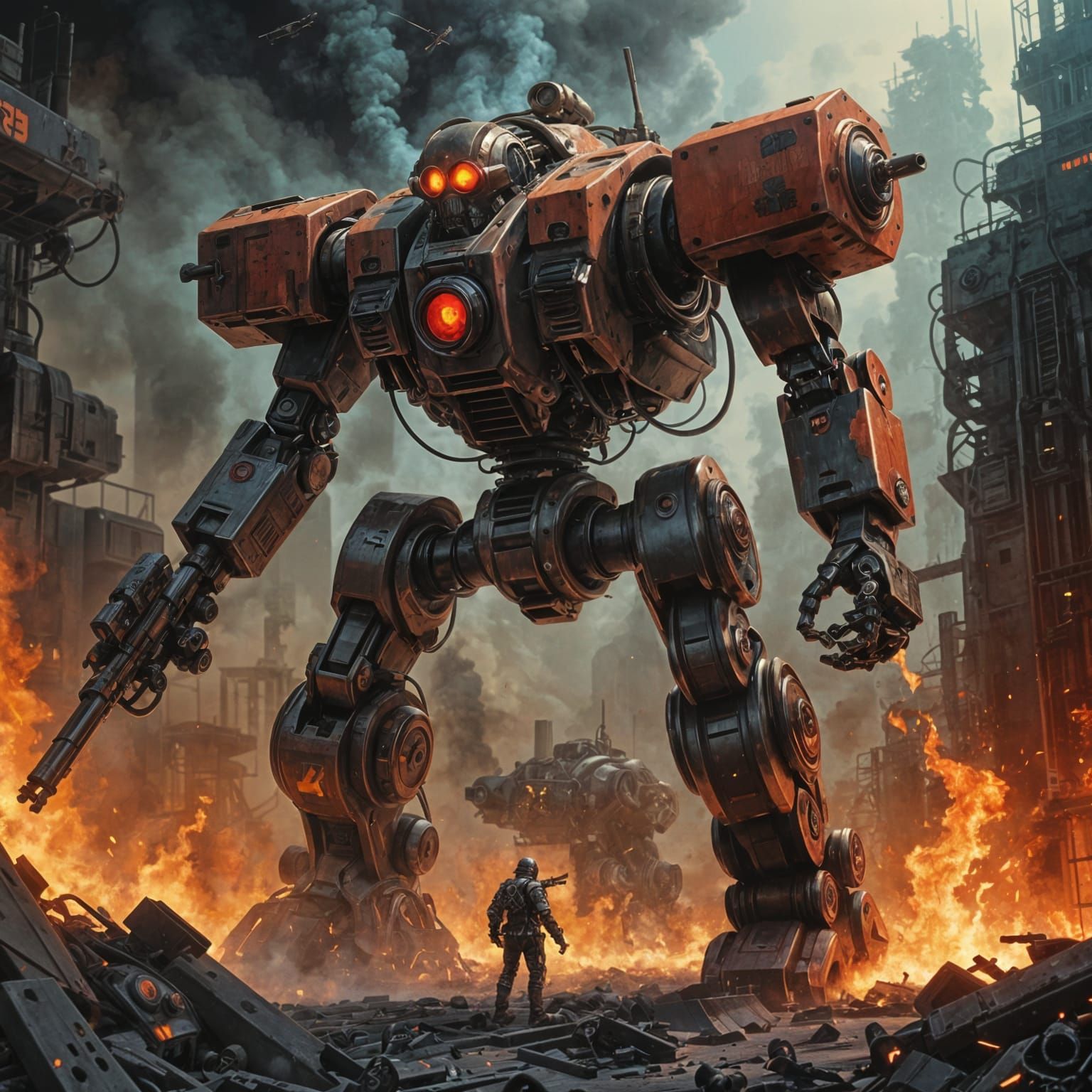 Retro Robot Warrior Fires Weapon in Sci-Fi Explosion