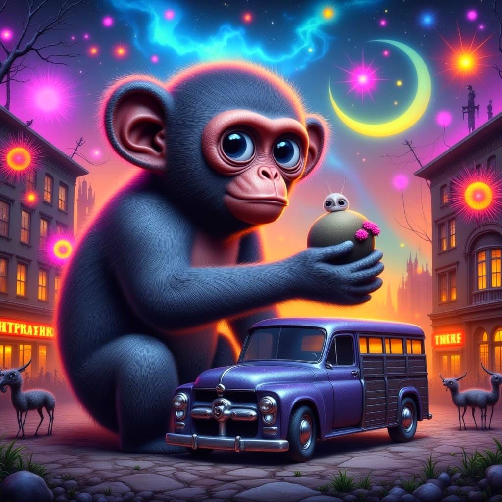 Gigantic Fluffy Monkey Tenderly Holds Tiny 1950s Truck in Ne...