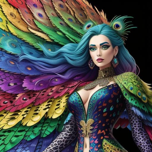 Woman with Rainbow Dragon Scales and Peacock Hair