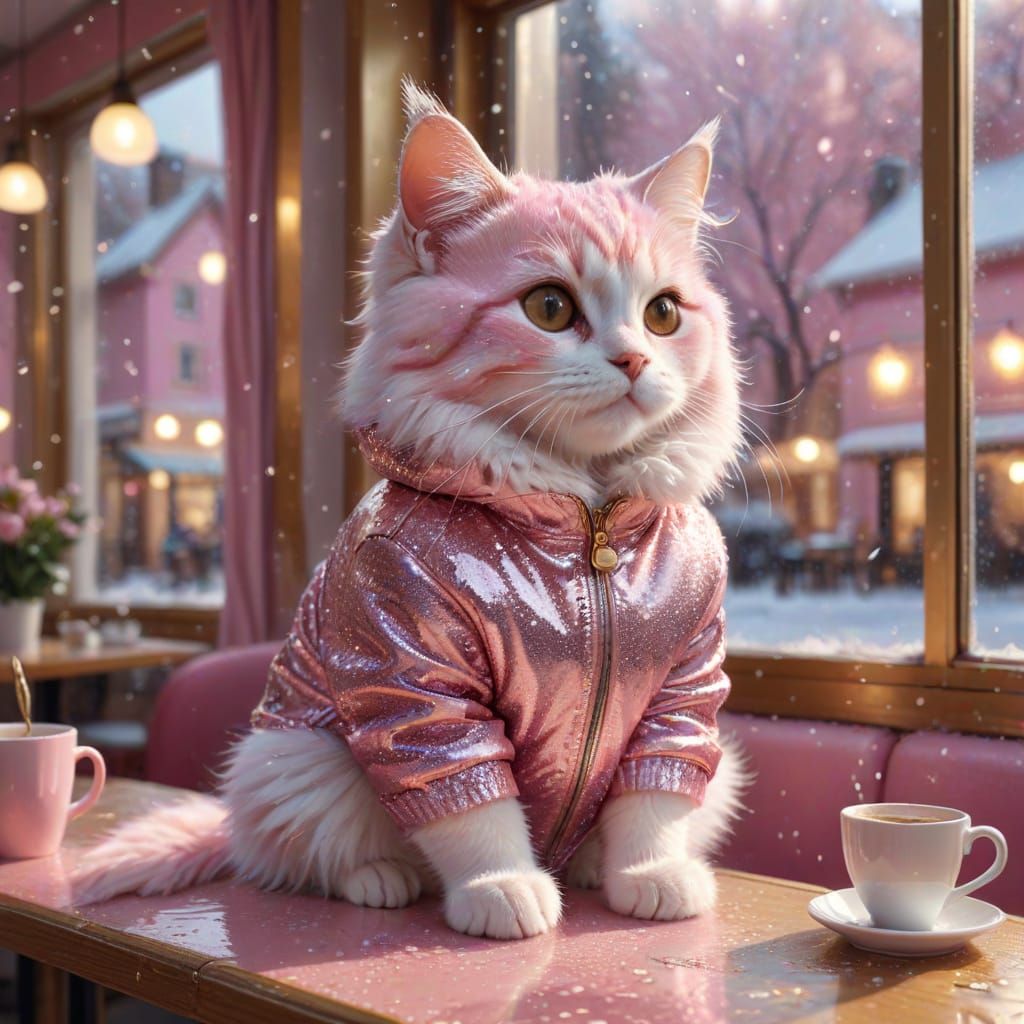 Pastel Pink Cafe Cat in Winter Wonderland