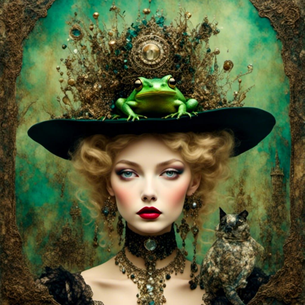 Glamorous Witch Princess Kisses Frog in Surreal Collage