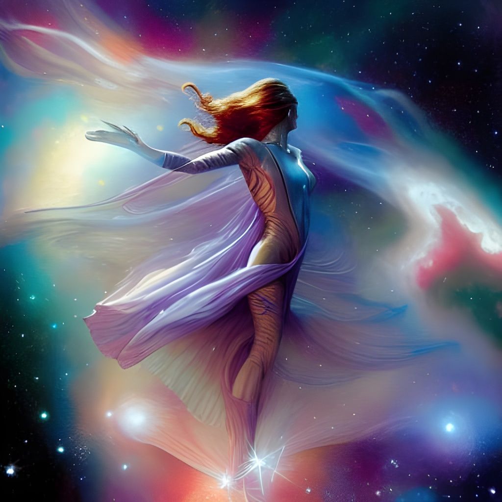 Spacewoman Floating in Space with Colorful Nebulae