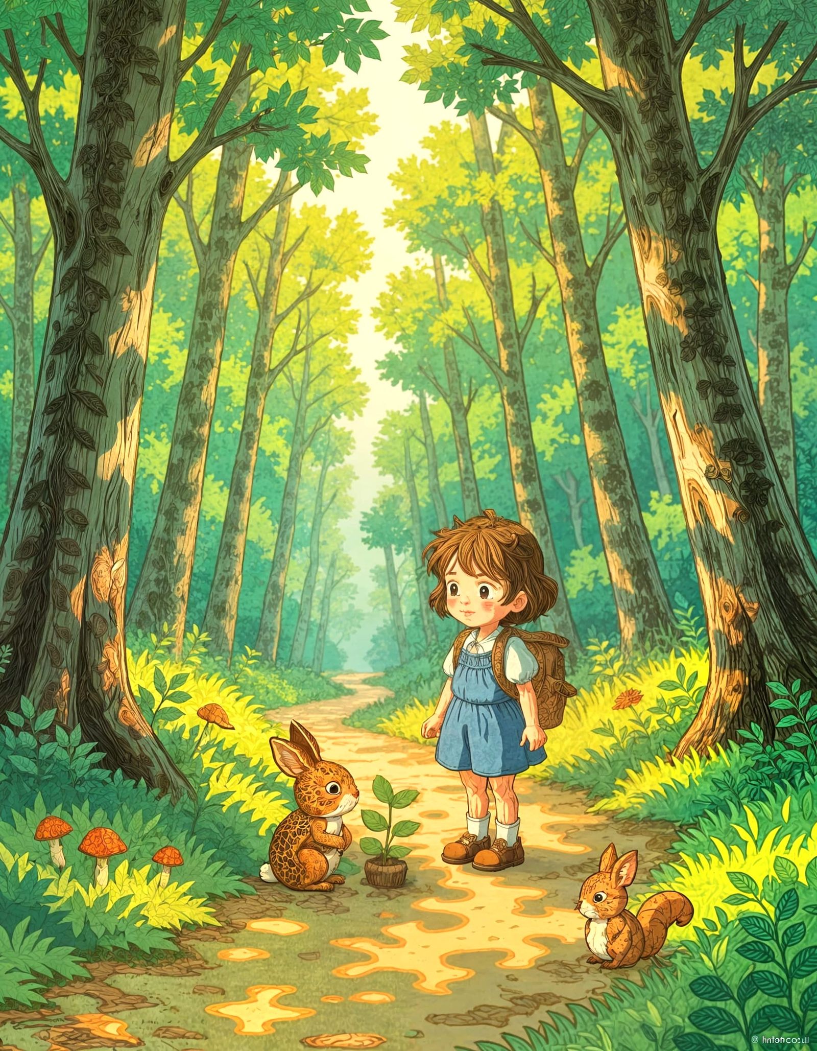 Small girl Snicker on the forest path plants i there and for...