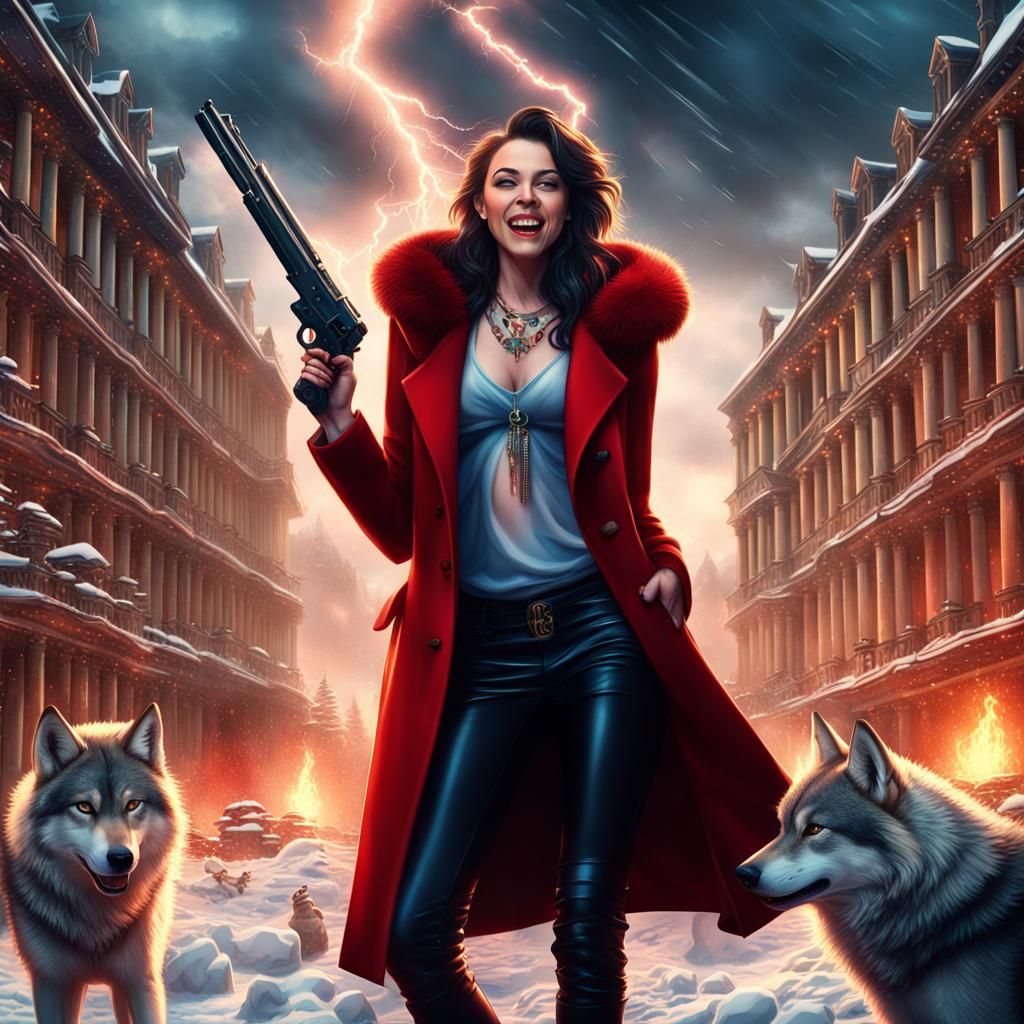 Brunette Gangster Queen in Snowy Palace Landscape