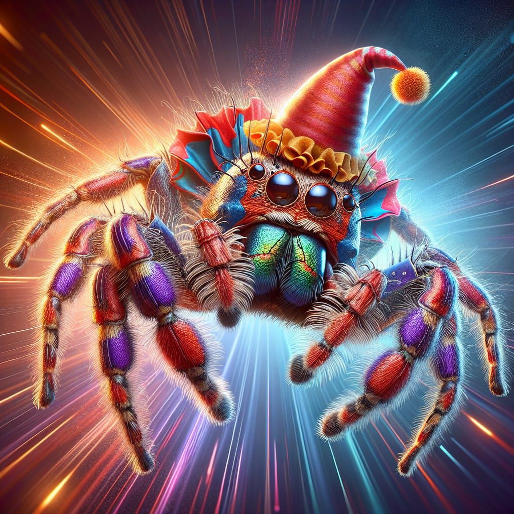 Clown Jumping Spider in Hyperrealistic Splash Art