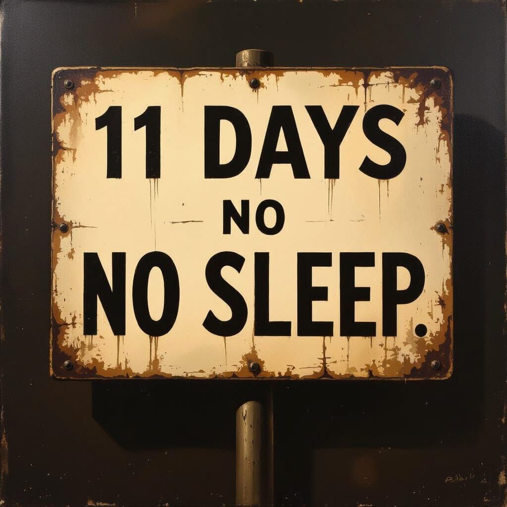 Vintage "11 Days No Sleep" Sign in Dramatic Light