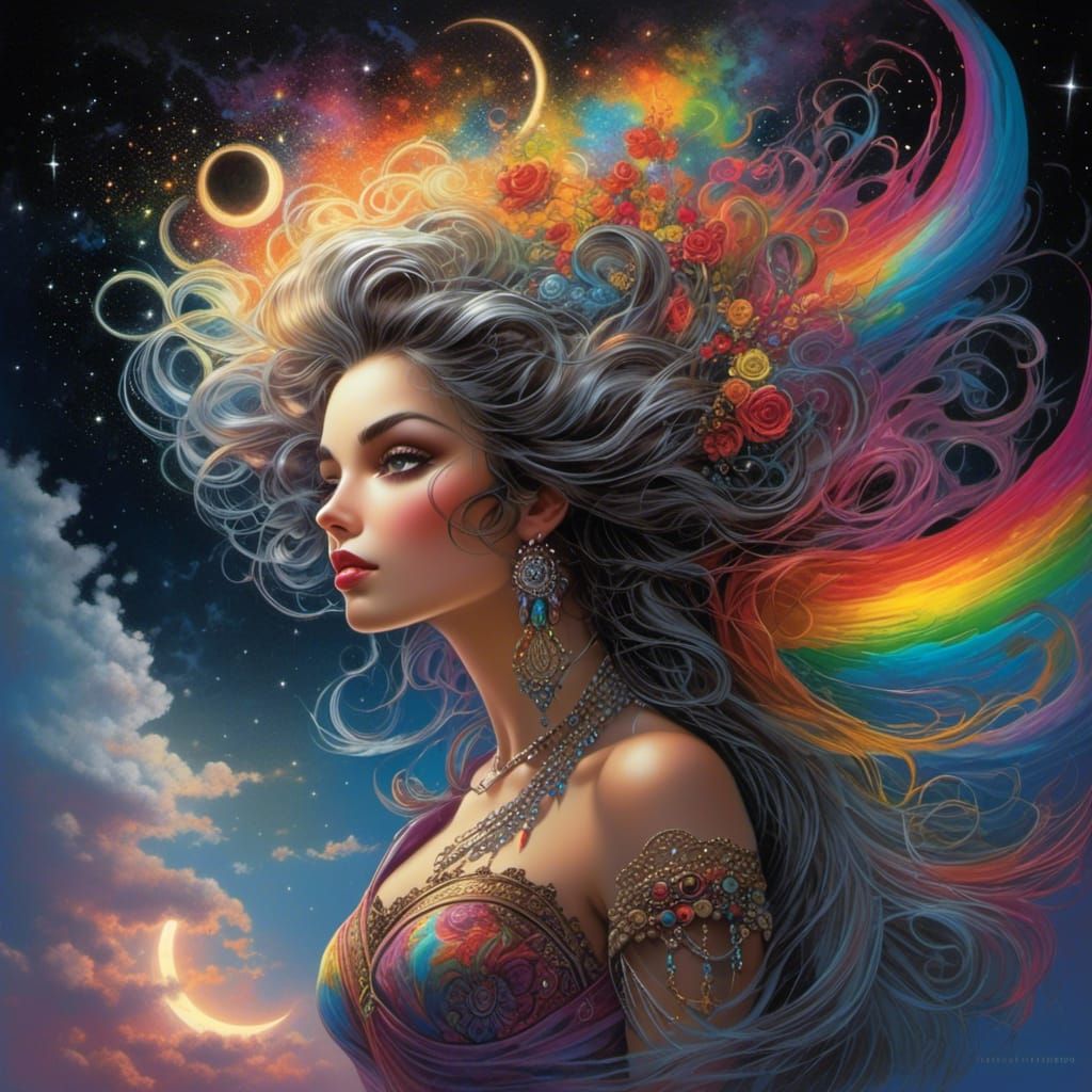 Stunning Woman in Rainbow Dress: Surrealist Digital Art