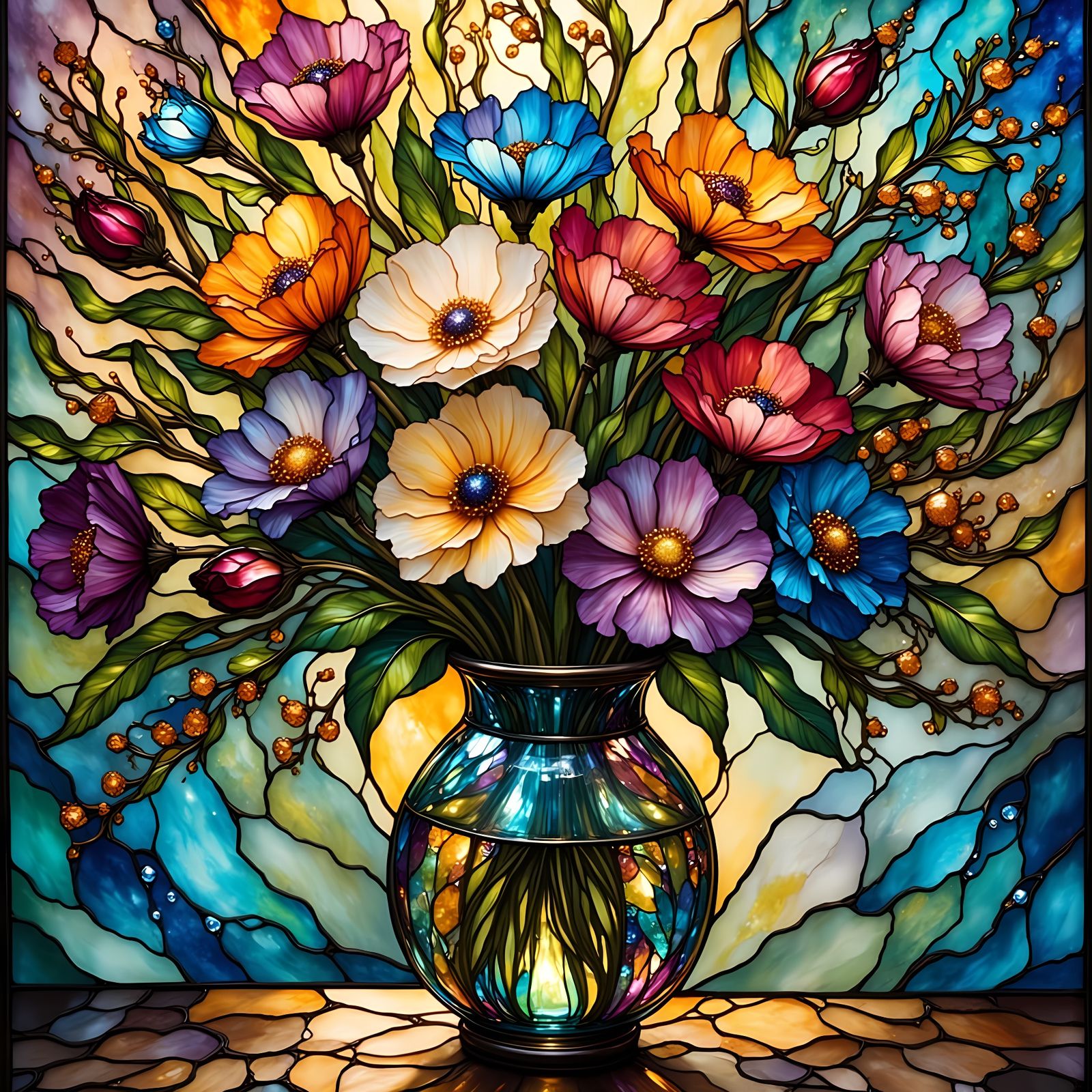 Stained Glass Vase with Colorful Floral Arrangement