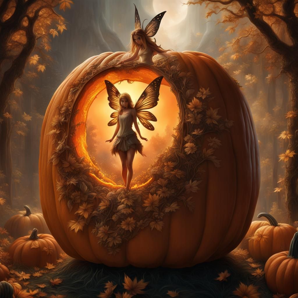 Intricate Fairy Carving from Pumpkin: Digital Matte Painting