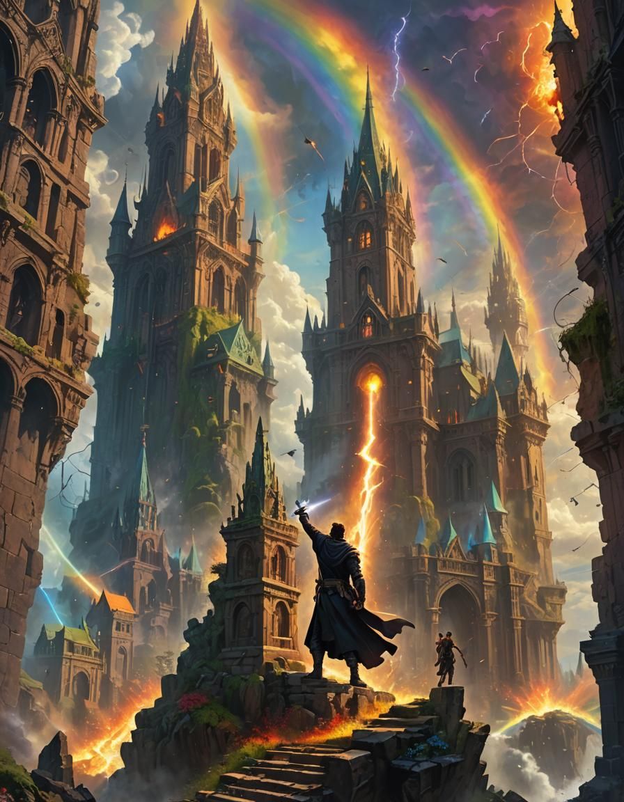 Dark Hero Summons Rainbow Cannon in Epic Landscape