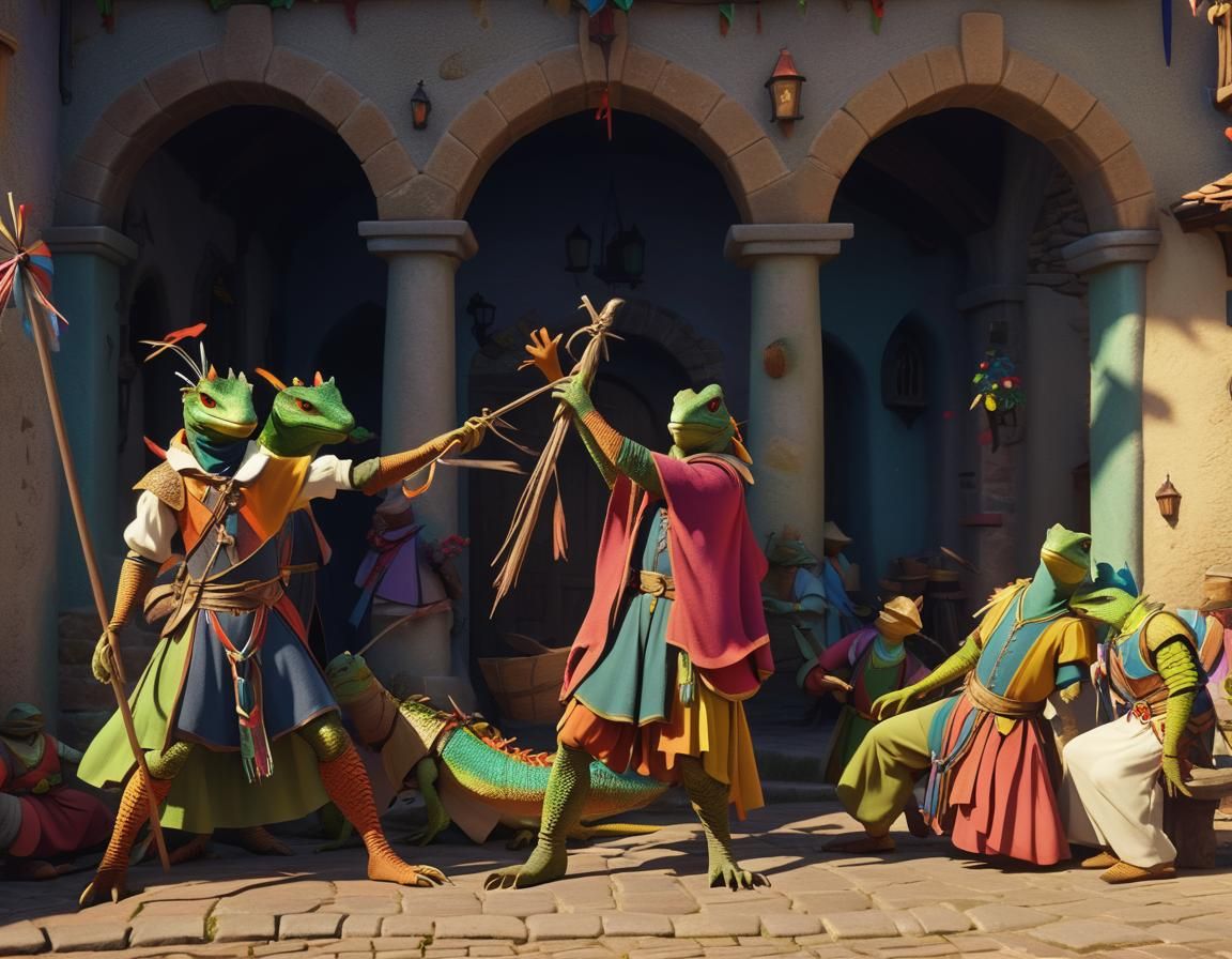 Medieval Lizard People Dancing: 3D Digital Art