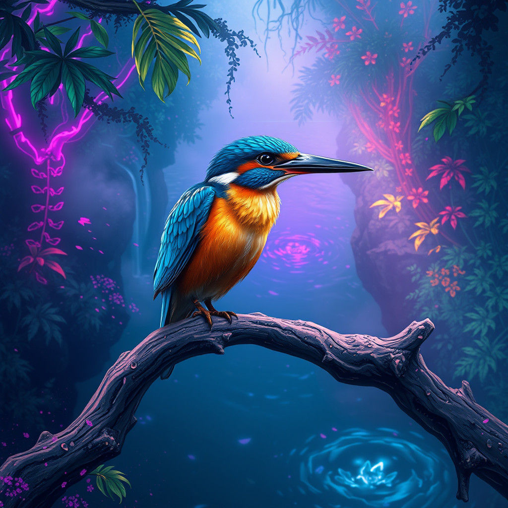 Kingfisher sitting on a branch over a river in style of vaporwave and cyberpunk by bill watterson and jackson pollock, c...