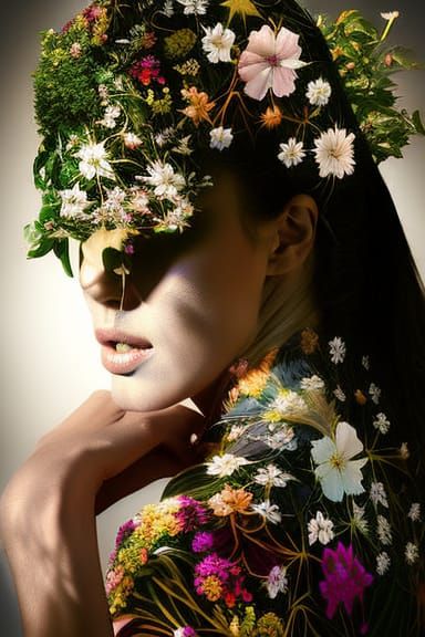 Hyperrealistic Woman Covered in Flowers
