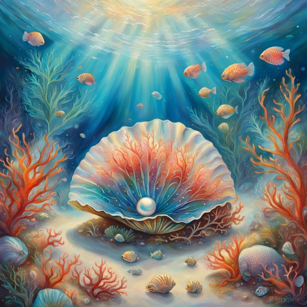 Underwater Pearl Shell with Coral: Oil Painting
