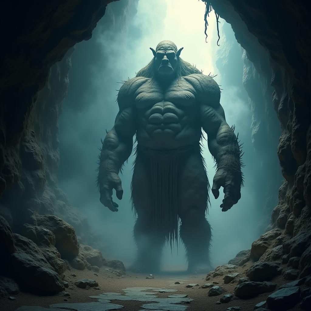 Colossal Orc Rock Statue in Mystical Cave