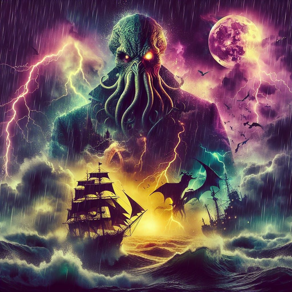 Cthulhu Pirate Silhouette Amidst Stormy Seas