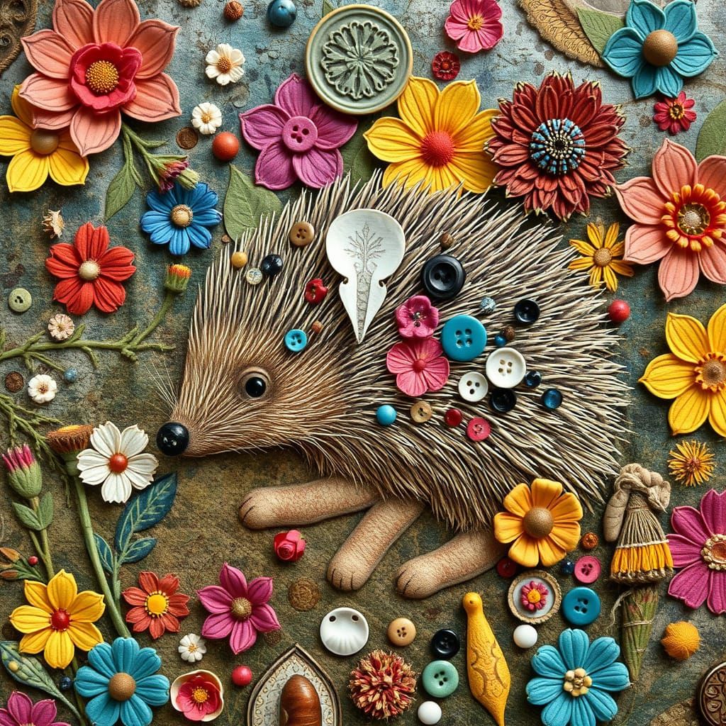 Steampunk Hedgehog Embellished Quilt in Vibrant Floral Style