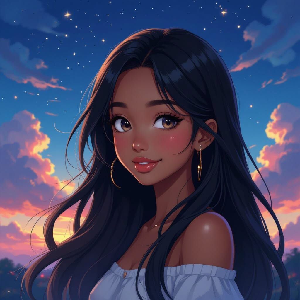 Anime Portrait of Smiling African Girl Under Starry Sky