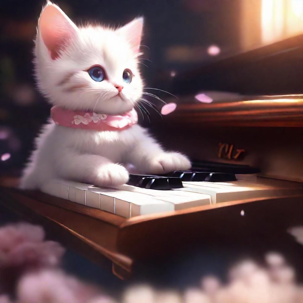 Cute Kitten Plays Piano: Anime-Style Digital Art