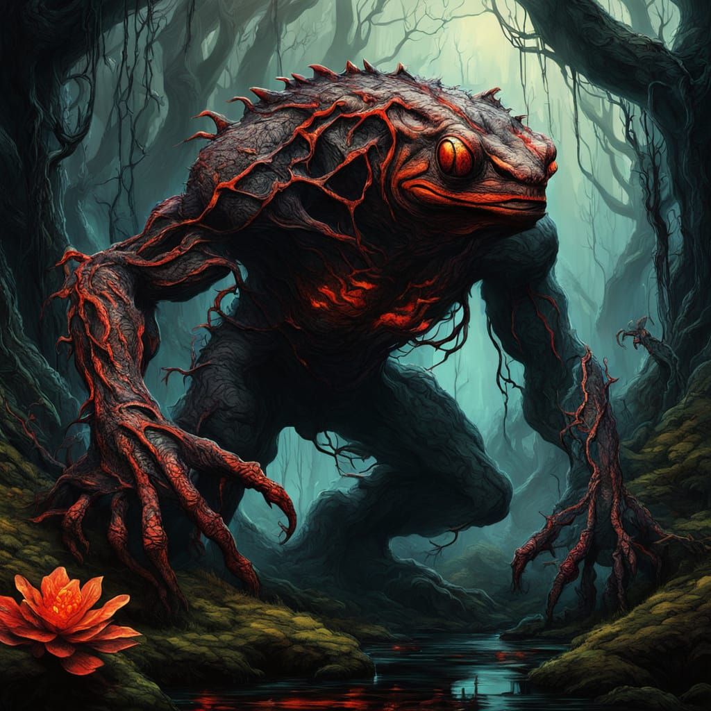 Ethereal Dark Fantasy Landscape: Amphibian God in Bloom