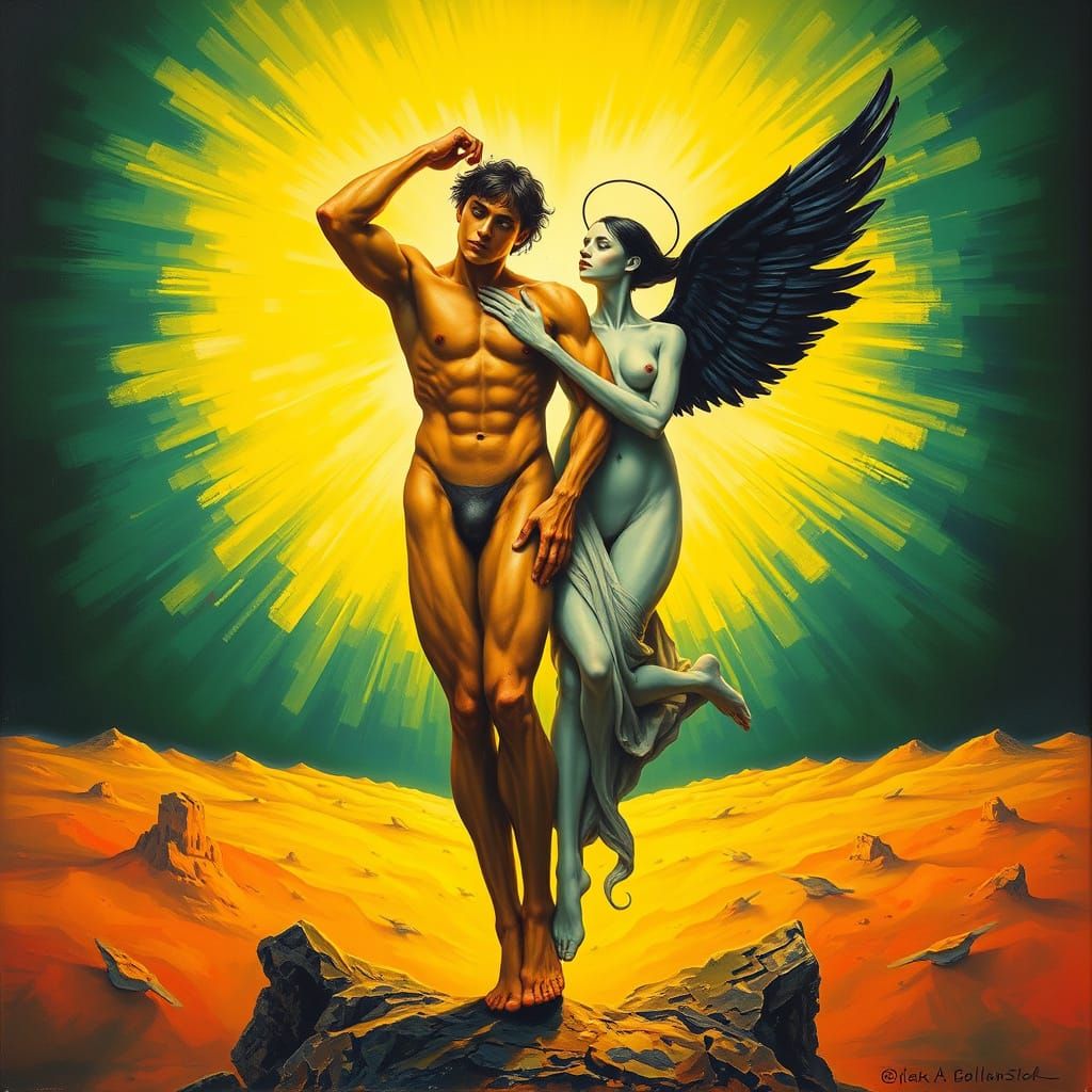 Ascension of Intertwined Figures in Surrealist Style