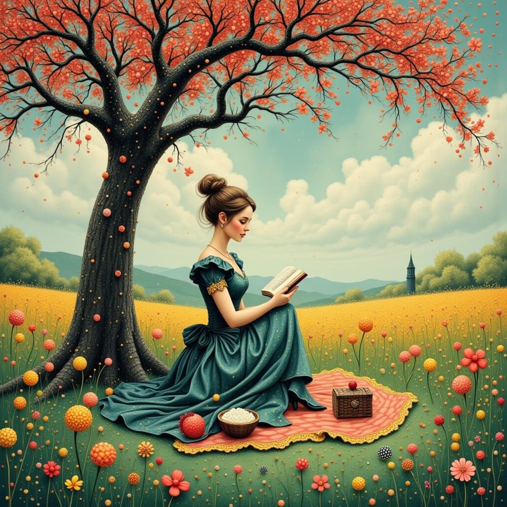 Victorian Woman Reads Under Blooming Tree in Pointillism Sty...